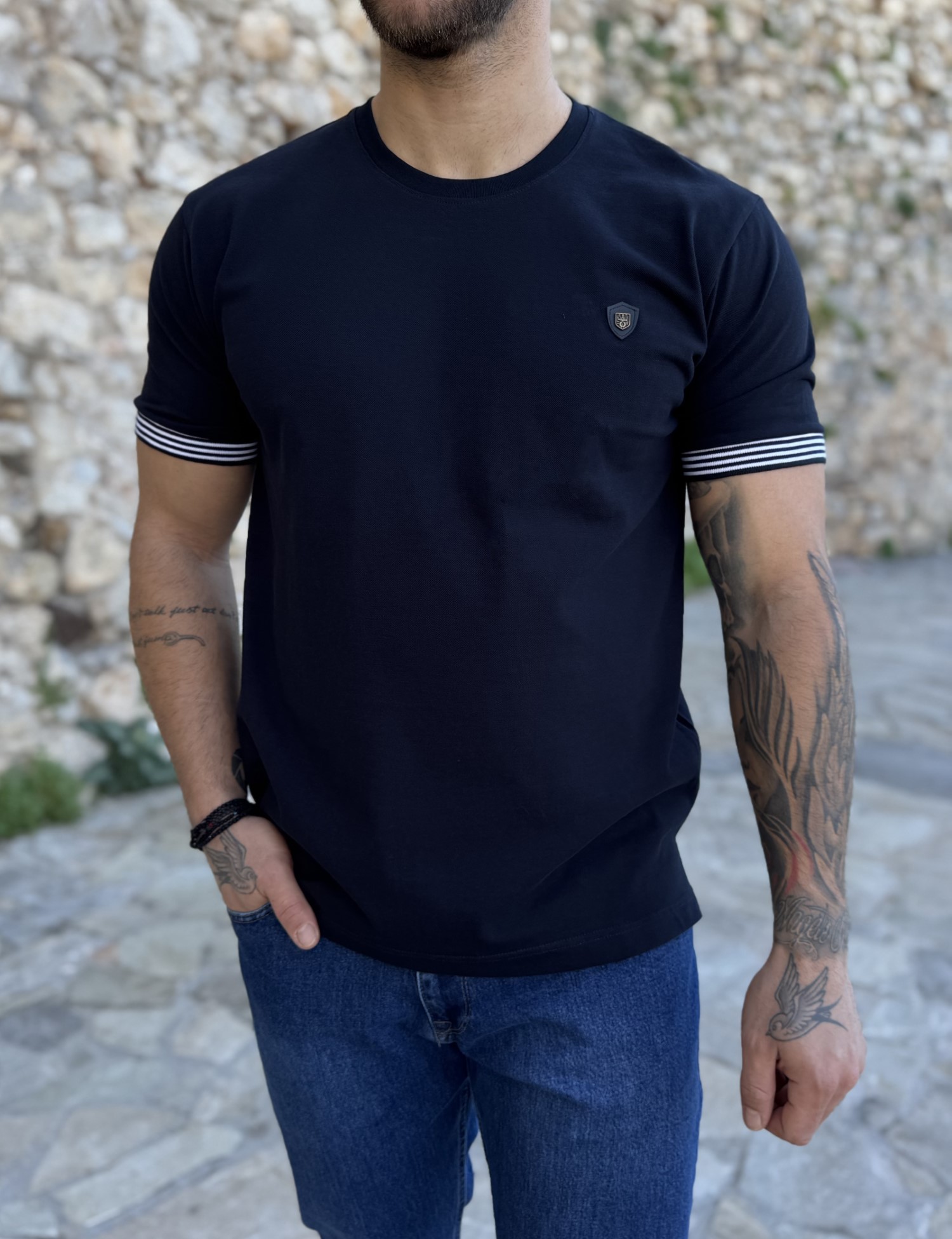 Everbest ανδρική μπλε κοντομάνικη πικέ μπλούζα με λάστιχο στα μανίκια Plus Size 252827